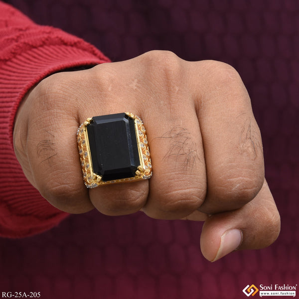 1 Gram Gold Plated Black Stone with Diamond Gold Plated Ring - Style A205