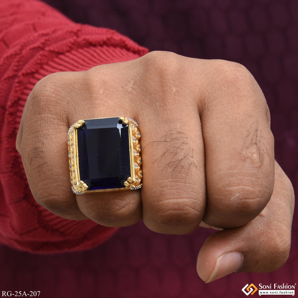 1 Gram Gold Plated Blue Stone With Diamond Gold Plated Ring - Style A207