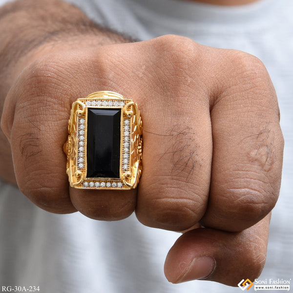 1 Gram Gold Plated Black Stone with Diamond Best Quality Ring - Style A234