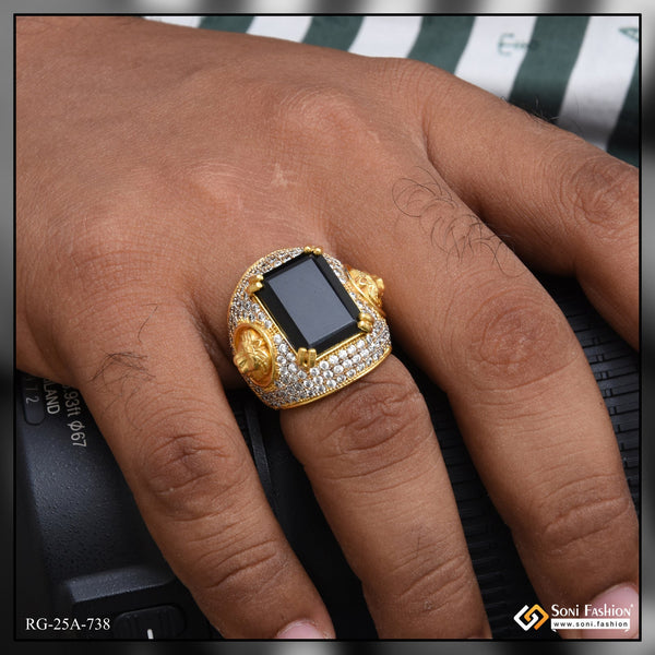 1 Gram Gold Plated Black Stone with Diamond Fashionable Design Ring - Style A738