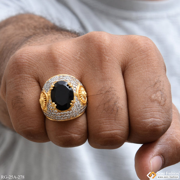 1 Gram Gold Plated Black Stone With Diamond Delicate Design Ring - Style A278