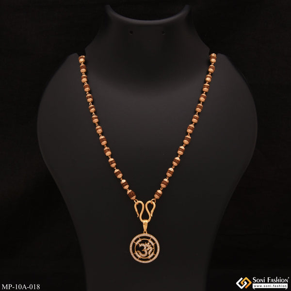 Om With Diamond Sophisticated Design Gold Plated Rudraksha Mala With Pendant - Style A018