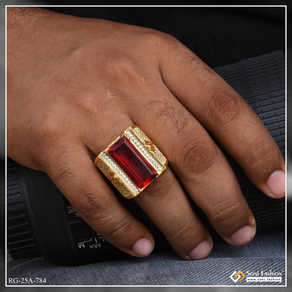 1 Gram Gold Plated Red Stone with Diamond Funky Design Ring for Men - Style A784