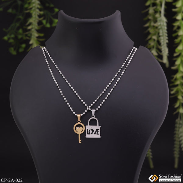 Love Heart in Lock & Key Couple Chain Pendant Set - Stainless Steel - Valentine Day - Style A022