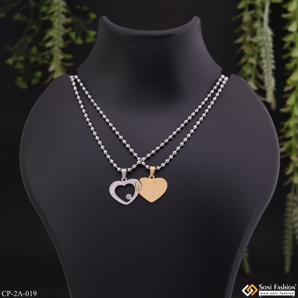 Silver & Golden Heart With Diamond Locket With 2 Chain For Valentine Gift Pendant Set - Style A019