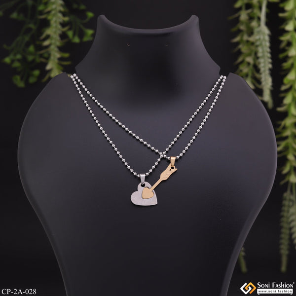 Silver Heart With Golden Arrow Locket With 2 Chain For Valentine Gift Pendant Set - Style A028