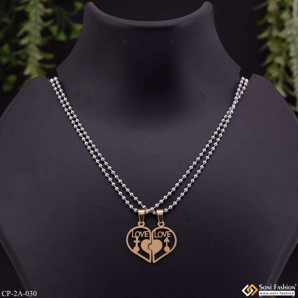 Golden 2 Half Heart His And Her Lover Couple Chain With Pendant Set (2 Pieces) - Style A030