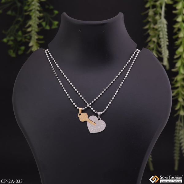 Silver Heart with Golden Key Couple Chain Pendant Set - Style A033