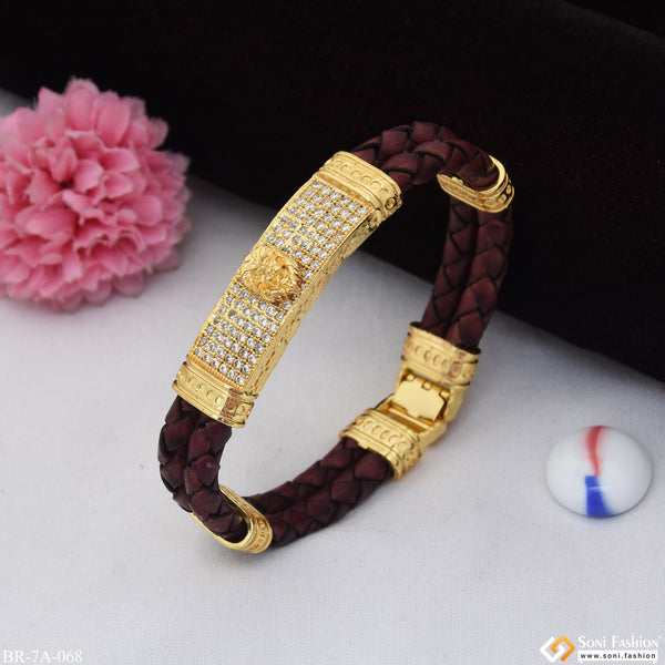 Lion Face on Leather with Diamonds Gold Plated Bracelet for Men - Style A068