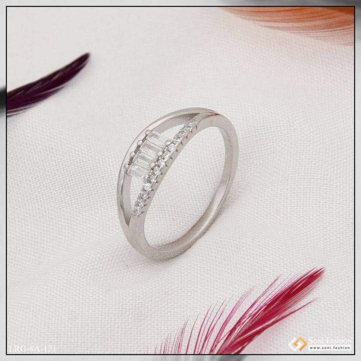 Sterling silver ring with diamond decorative design on white background