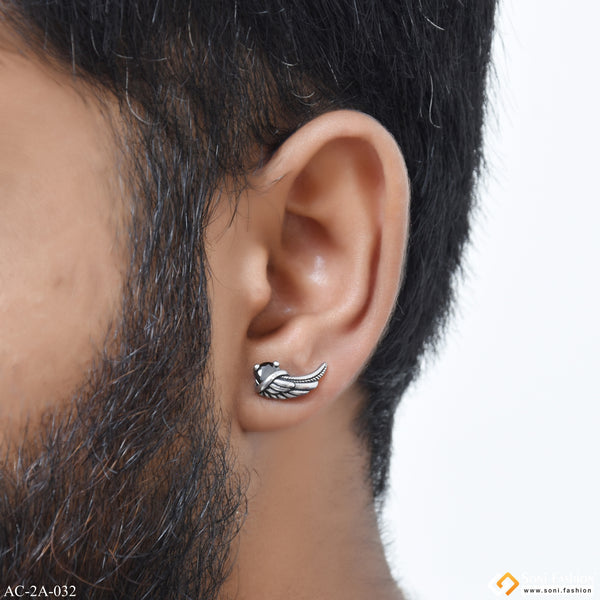 Wing With Black Stone Surgical Steel Stud Earring for Men - Style A032