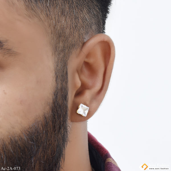 Square Shape White Stone Best Quality Stud Earring for Men - Style A073