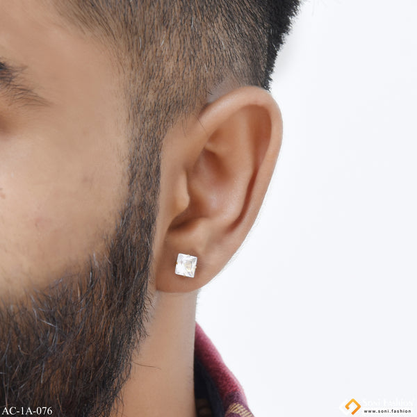 Square Shape White Stone Artisanal Design Stud Earring for Men - Style A076