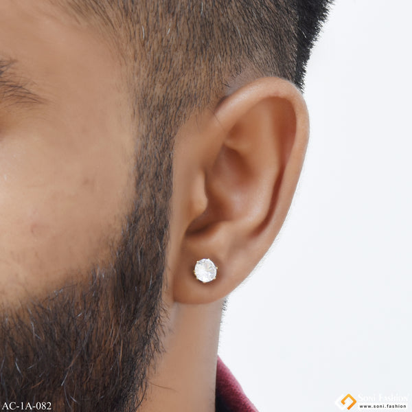 Round Shape White Stone Artisanal Design Stud Earring for Men - Style A082