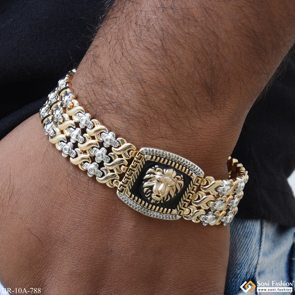 Lion Fully Texture with Attaractive Three Lines Gold And Silver Plated Bracelet - Style A788