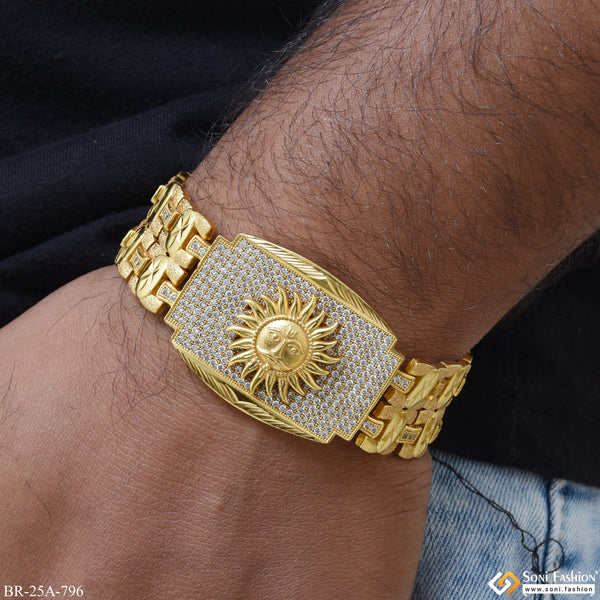 Sun 2 Line Hand Made with Attaractive Diamonds Background Design Gold Plated Bracelet - Style A796