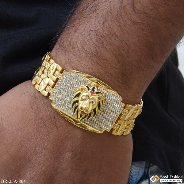 Lion in Attaractive Rectangle With Diamonds Plated Golden Bracelet For Man - Style A804