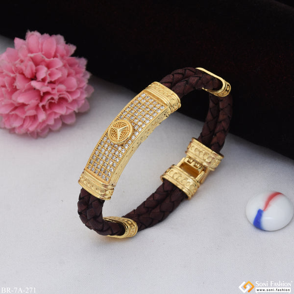 Triangle Logo with Diamond Gold Plated Leather Braided Bracelet for Men - Style A271