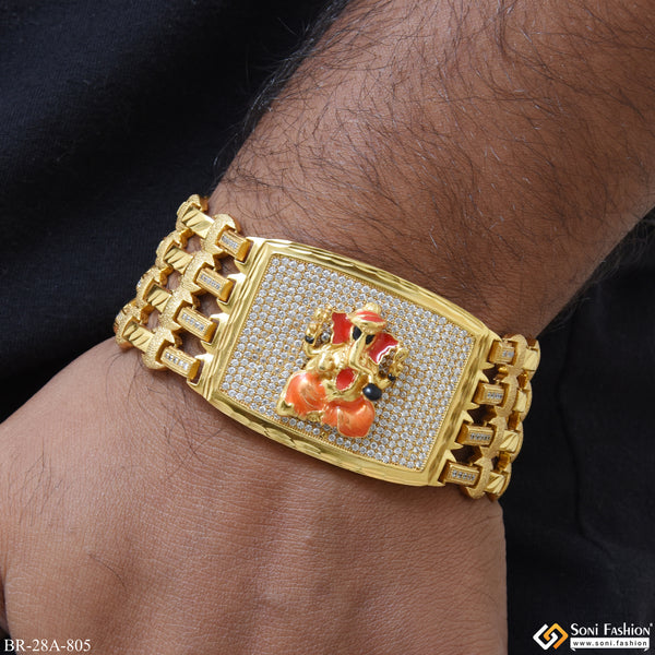 4 Line Ganesha with Diomonds In Rectangle Gold Plated Bracelet - Style A805