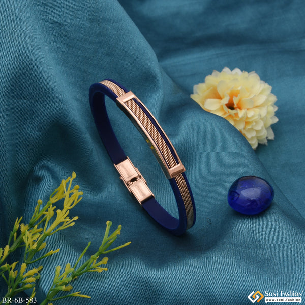 Fashionable Design Blue And Rose Gold Stainless Steel Rubber Bracelet - Style B583