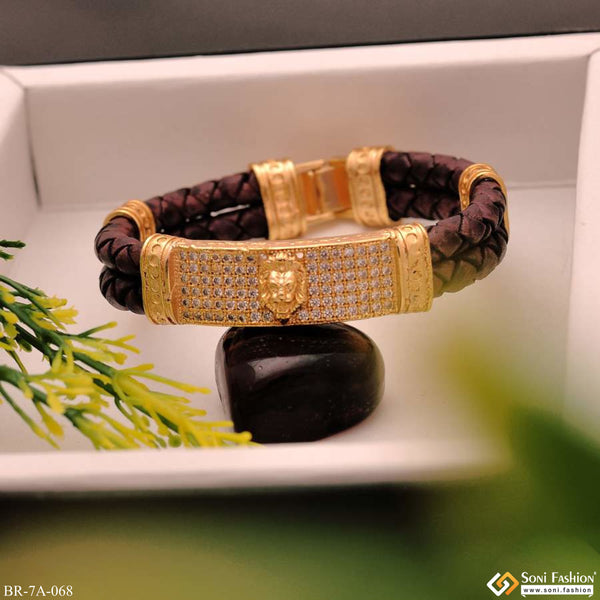 Lion Face on Leather with Diamonds Gold Plated Bracelet for Men - Style A068