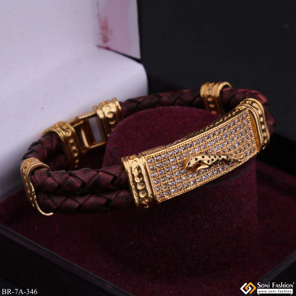 Jaguar on Leather with Diamonds Hand-Finished Design Gold Plated Bracelet - Style A346