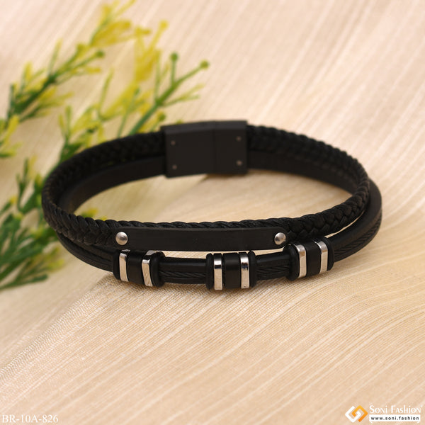 Silver and Black Attaractive Design Black Leather Bracelet - Style A826