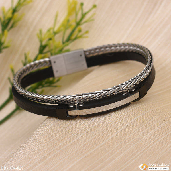 Silver and Black Net Attaractive Design Black Leather Braided Bracelet - Style A827