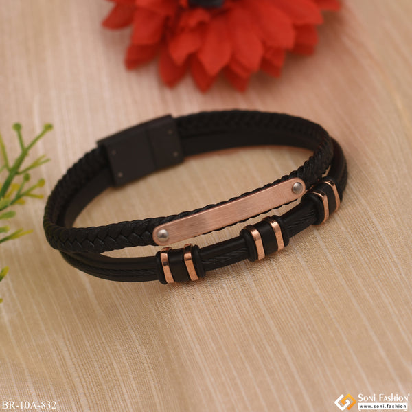 Rose Gold Attaractive Design with Black Leather Braided Bracelet - Style A832