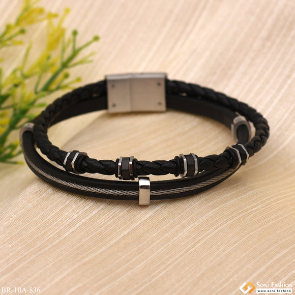 Silver And Black Ring Pattern Design With Black Leather Braided Bracelet - Style A836