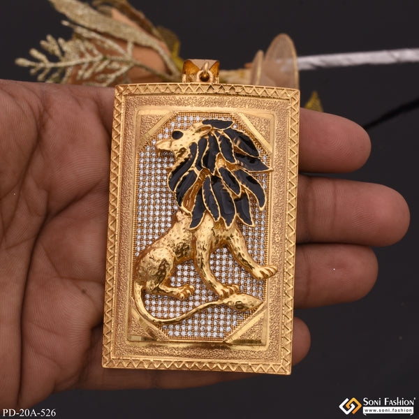 Big Lion with Black Hair in Diamonds Rectangle Gold Plated Pendant For Men - Style A526