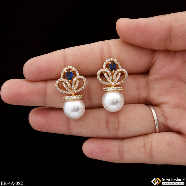 Blue Stone With White Bead New Style Gold Plated Earrings for Lady - Style A082