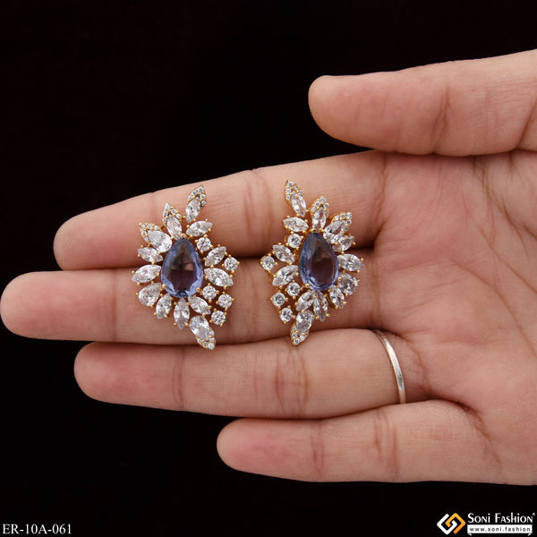 Blue Stone with Diamond Fashionable Gold Plated Earrings for Ladies - Style A061