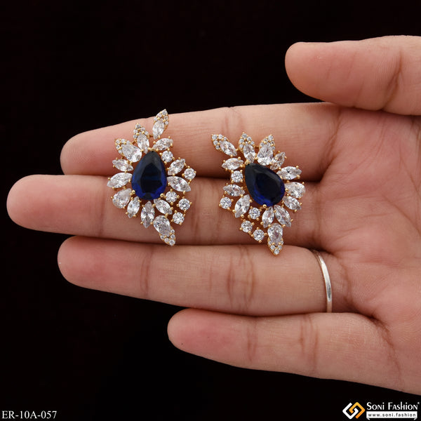 Blue Stone with Diamond Unique Design Gold Plated Earrings for Lady - Style A057