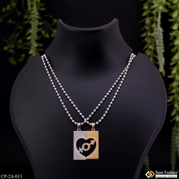 Heart in Rectangle Couple Chain Pendant Set - Valentine Day - Friendship Day - Style A013