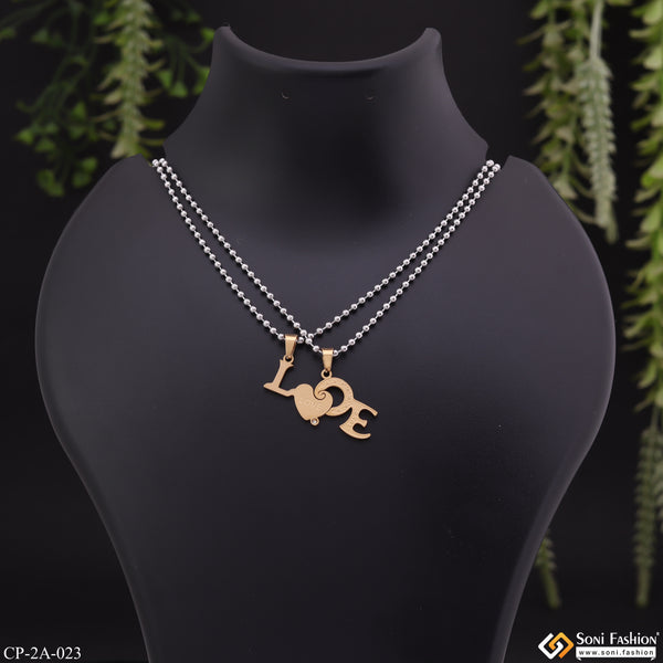 Golden Love Couple Locket With 2 Chain For Anniversary Gift Stainless Steel Pendant Set - Style A023