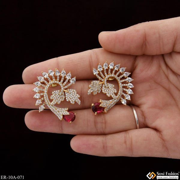 Dark Pink Stone with Diamond Designer Gold Plated Earrings for Ladies - Style A071