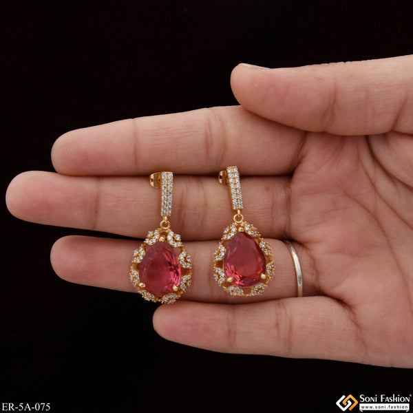 Dark Pink Stone with Diamond Designer Gold Plated Earrings for Lady - Style A075