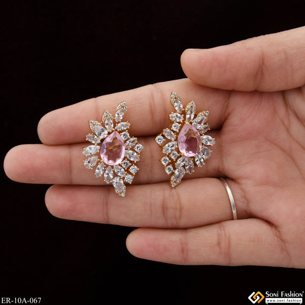 Light Pink Stone with Diamond New Style Gold Plated Earrings for Lady - Style A067