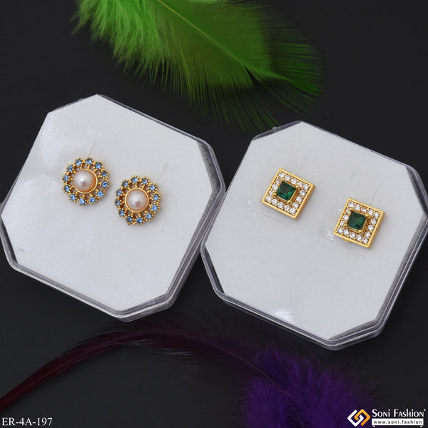 Fancy Design Gold Plated Two Stud Earrings Set for Ladies - Style A197