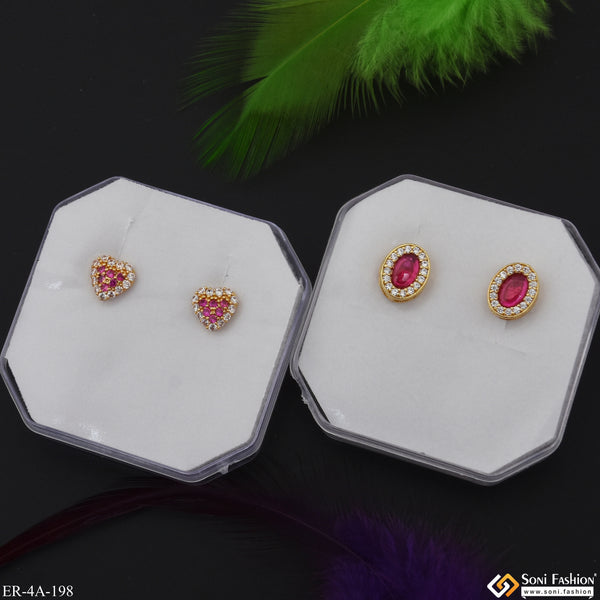 Pink Diamonds Gold Plated Two Stud Earrings Set for Ladies - Style A198