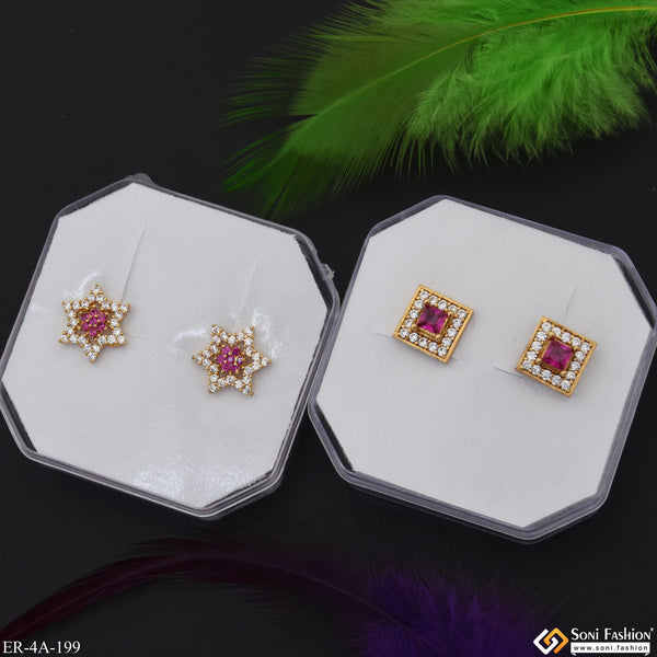 Pink Diamonds Gold Plated Two Stud Earrings Set for Ladies - Style A199