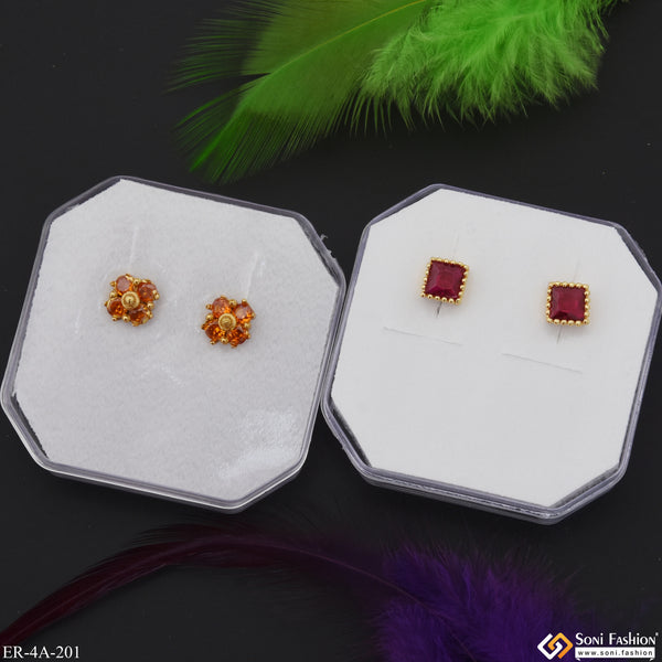 Fancy Design Gold Plated Two Stud Earrings Set for Ladies - Style A201