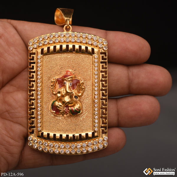 Ganesha in Attractive Texture Background Diamonds Gold Plated Pendant - Style A596