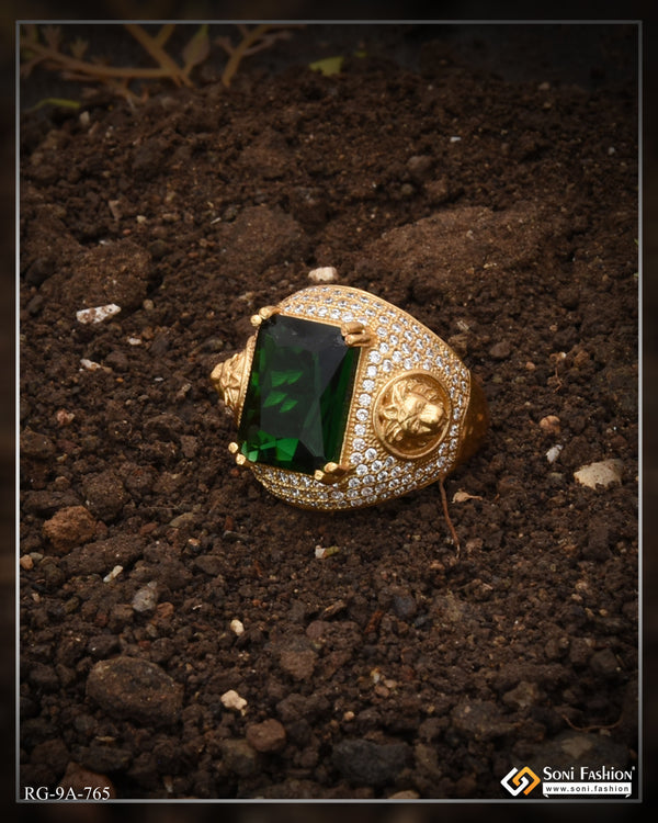 Green Stone Distinctive Design Best Quality Gold Plated Ring for Men - Style A765