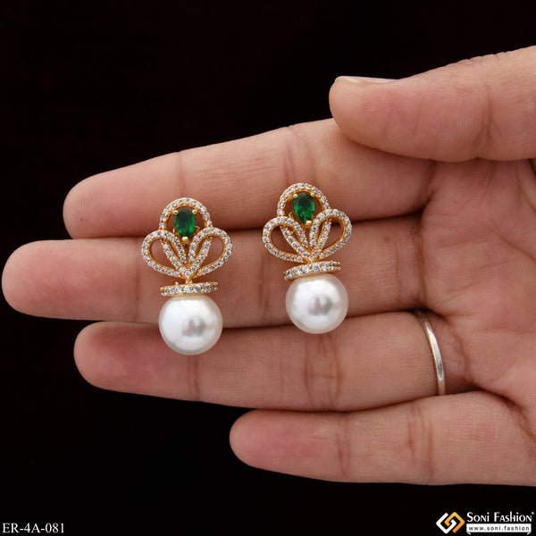 Green Stone With White Bead Cool Design Gold Plated Earrings for Lady - Style A081