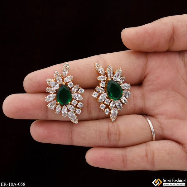 Green Stone with Diamond Chic Design Gold Plated Earrings for Ladies - Style A058