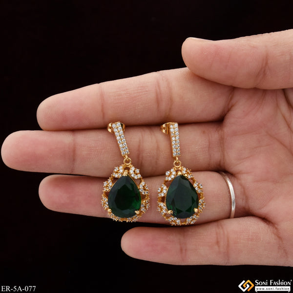 Green Stone with Diamond New Style Gold Plated Earrings for Lady - Style A077