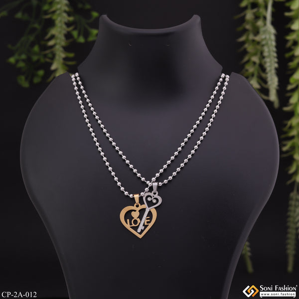 Heart with Key Locket With 2 Chain For Valentine Gift Pendant Set with Diamond - Style A012