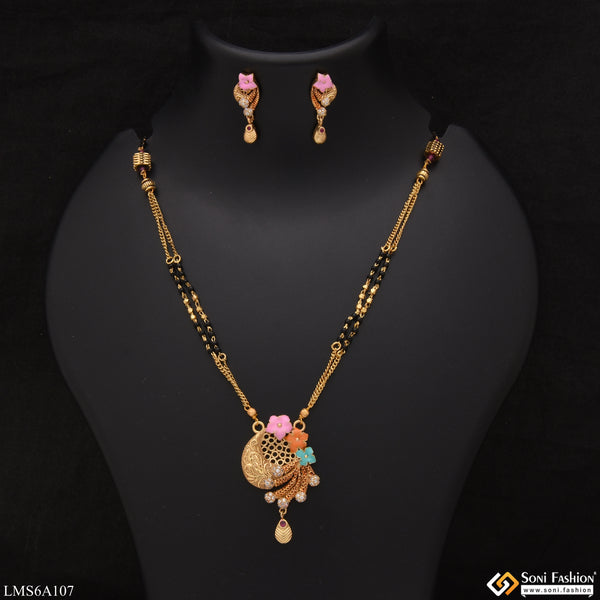 Fancy Design Flowe With Black Moti Gold Plated Mangalsutra Set For Women - Style Lmsa107